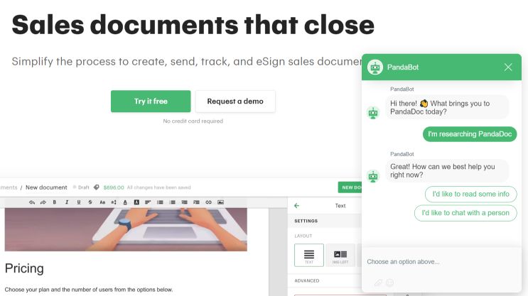 Chatbot on the PandaDoc website