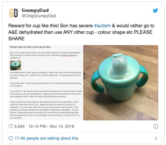 A desperate father asked Twitter for a blue plastic cup