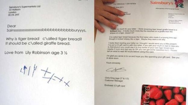 sainsbury-exceptional-customer-service Lily's letter to Sainsbury about tiger bread.