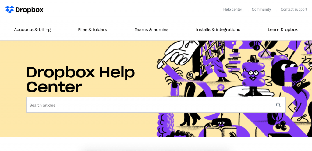 Dropbox focuses on answering common user questions and promoting Dropbox, showing how easy it is to use through fun illustrations and quick articles.