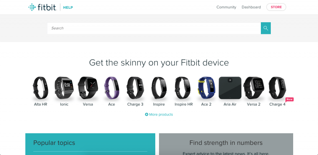 Fitbit's knowledge base provides users with the ability to learn in two different ways: by selecting their device, or by browsing through popular topics.