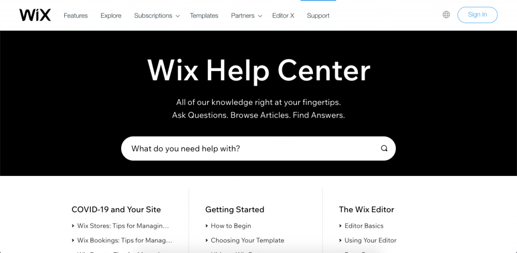 Wix is a cloud-based development platform that gained popularity because of its simplicity, and its knowledge base doesn’t fall behind.