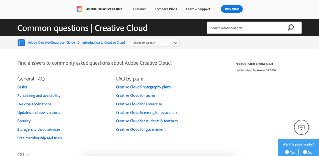 You can search through Adobe Creative Cloud’s FAQ page in two different ways: by using the search bar or by using questions with drop-down answers.