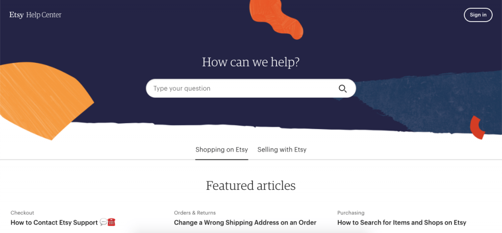 Etsy's FAQ page provides answers to questions as quickly and simply as possible