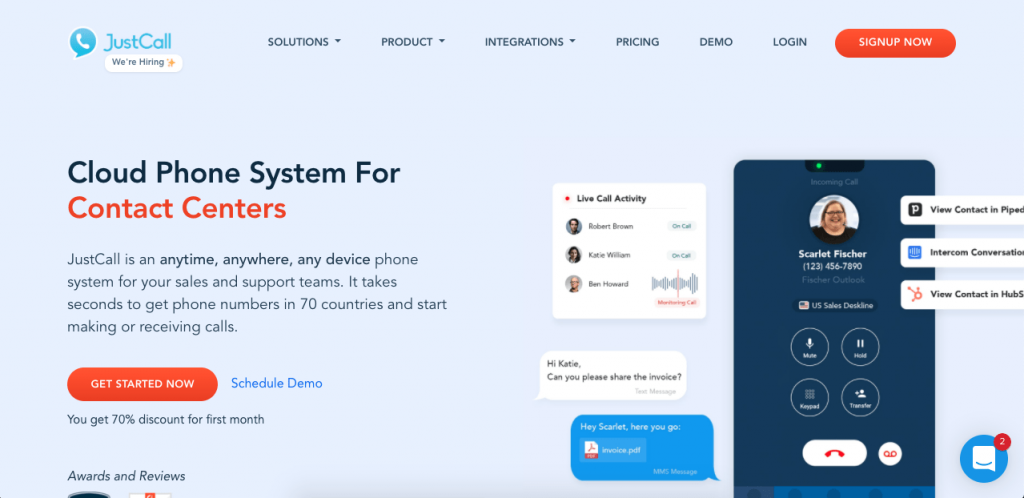 JustCall is an award-winning cloud phone system with support for phone numbers from 70 countries