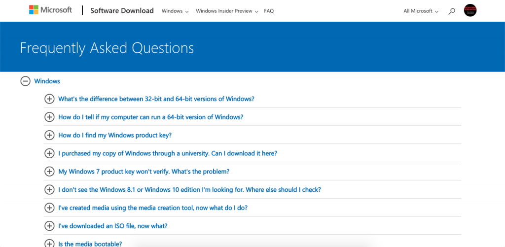 Microsoft's FAQ page is divided into Microsoft and Office drop-down menus to quickly locate answers to their questions