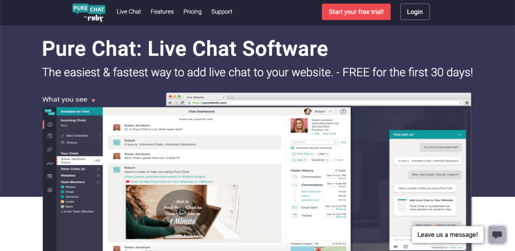 Pure Chat is another platform with a generous free plan. It offers up to three agent seats with unlimited chats and full chat customization, making it perfect for smaller businesses.