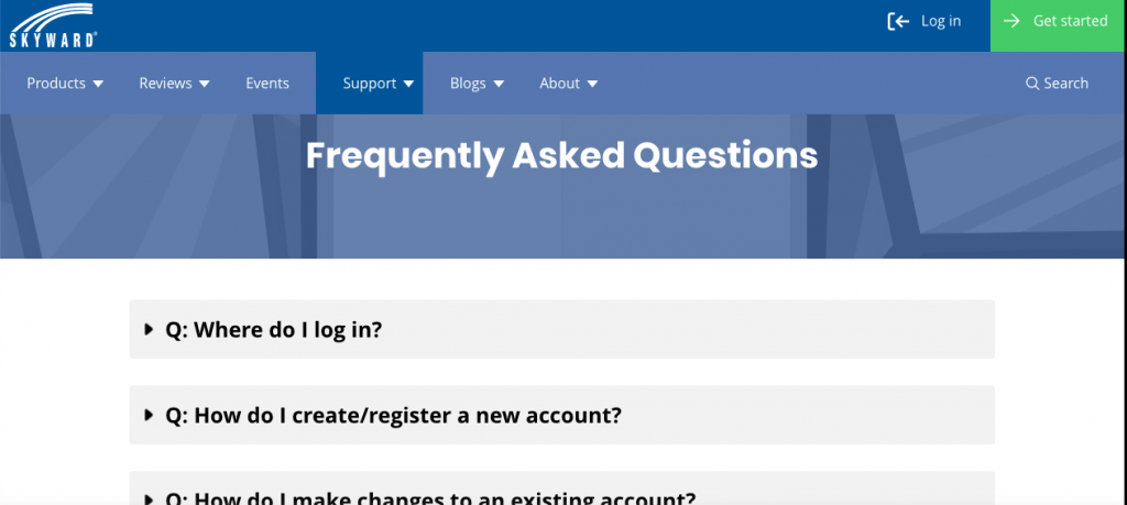 Skyward only answers five questions on its FAQ page to capture and redirect the right users to the right tools