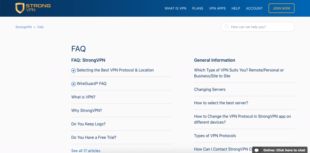 StrongVPN divides its FAQ into 4 areas, and its questions range from one-paragraph answers to fully-fledged tutorials with images and videos