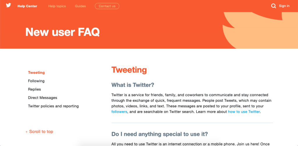 Twitter's FAQ is striking, smartly designed and easy to search through