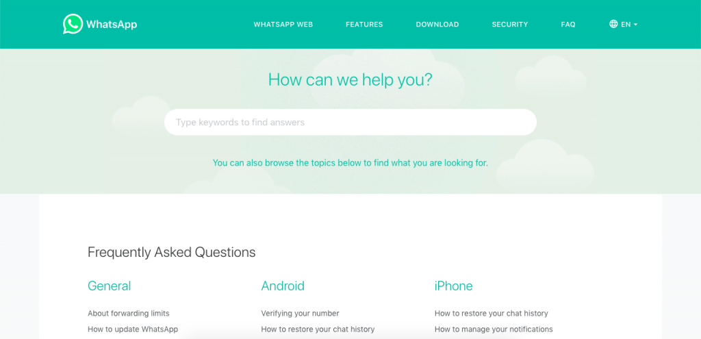 Whatsapp's FAQ page is very simple to search through and relaxing