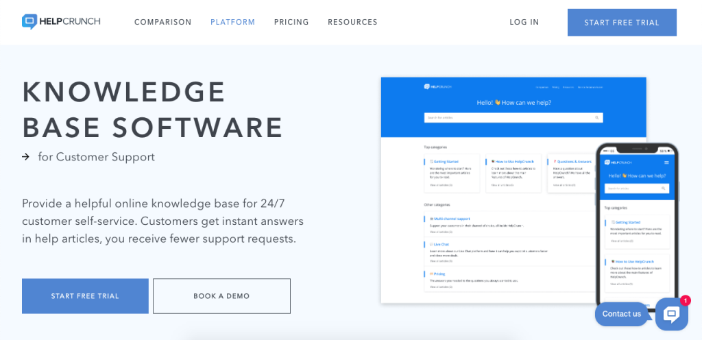HelpCrunch is a full customer service tool with all the features you’d expect: ticketing, live chat, email marketing, and many more features including knowledge base software.