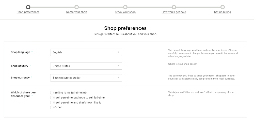 Etsy gives the user a top bar with each step of the process, so the user can set up their expectations appropriately, and visualize how much progress they’re making.