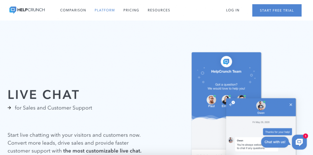 HelpCrunch is a full customer service tool with all the features you’d expect: ticketing, knowledge base, email marketing, and of course, live chat.