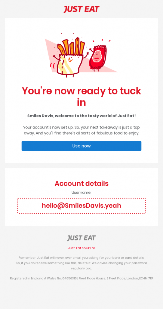 Just Eat sends its new users this welcome email adorned with cute mascots