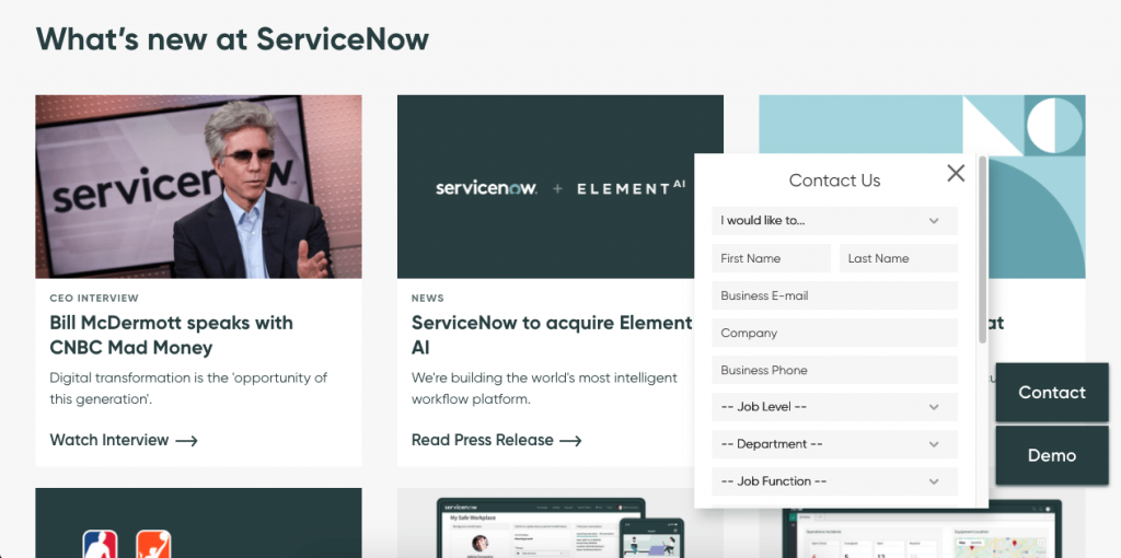 ServiceNow’s chatbot doesn’t appear until you scroll down the page.