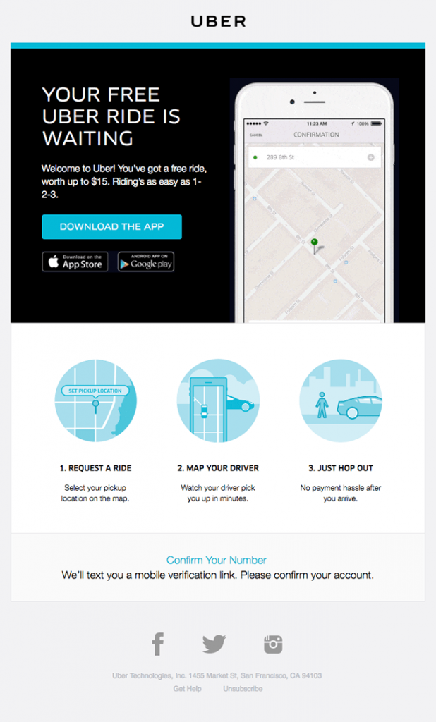This welcome message by Uber is meant to quickly onboard a new user. However, it doesn’t open with the features or the process, it opens with an invitation to take a free ride.