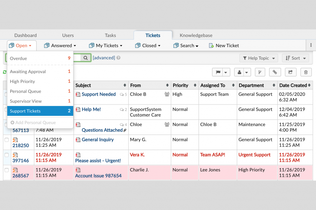 osTicket dashboard screenshot